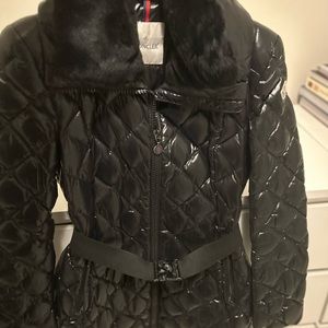 Moncler thigh length black belted jacket